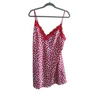 Victoria’s Secret Y2K Red Lip Print Satin Slip Dress Lace Trim L Large 00s VTG